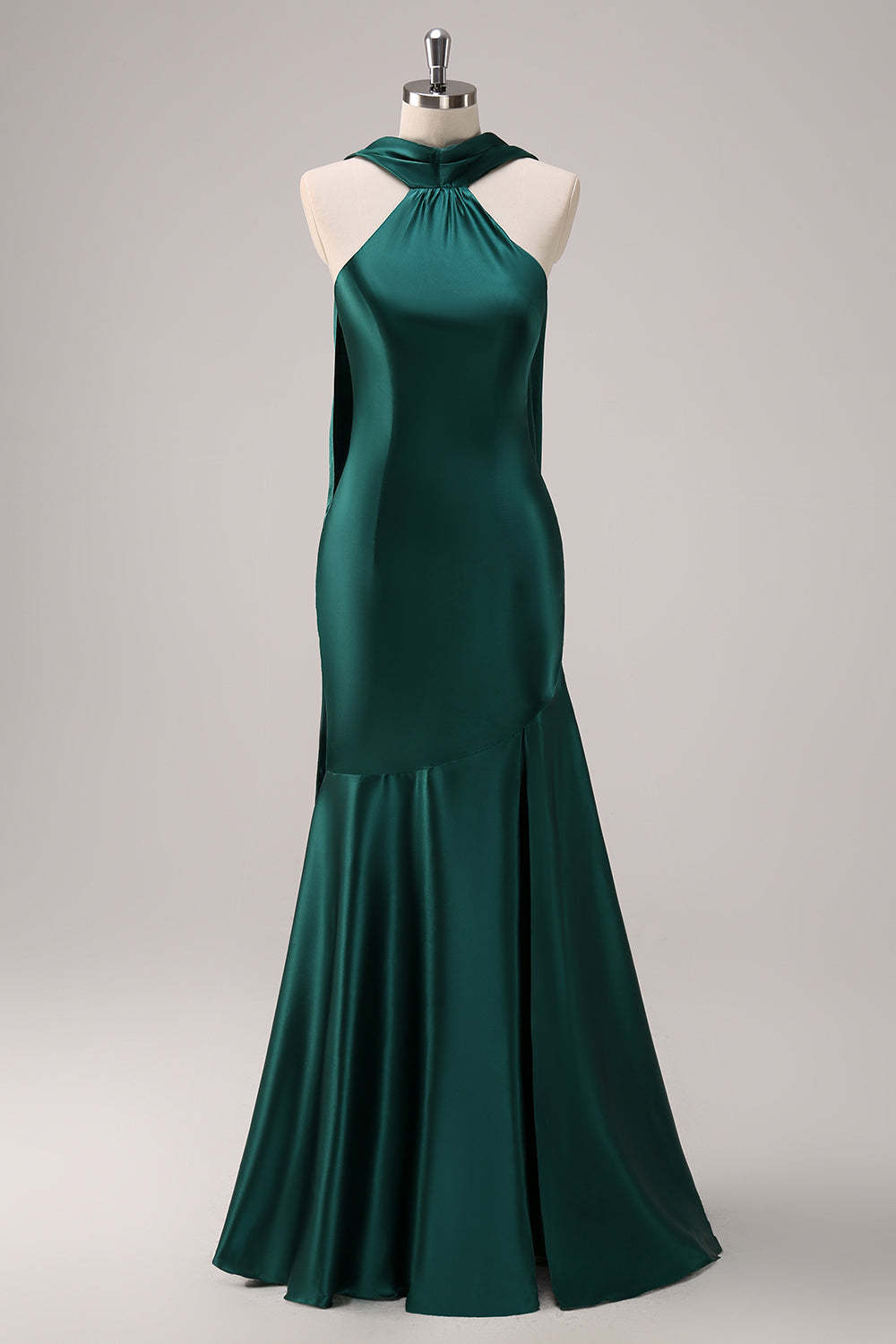 Leely Women Dark Green Bridesmaid Dress Halter Satin Mermaid Floor-Length Wedding Party Dress with Sash