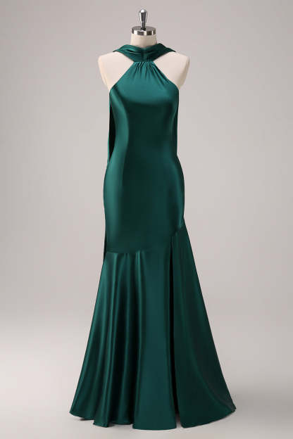 Leely Women Dark Green Bridesmaid Dress Halter Satin Mermaid Floor-Length Wedding Party Dress with Sash