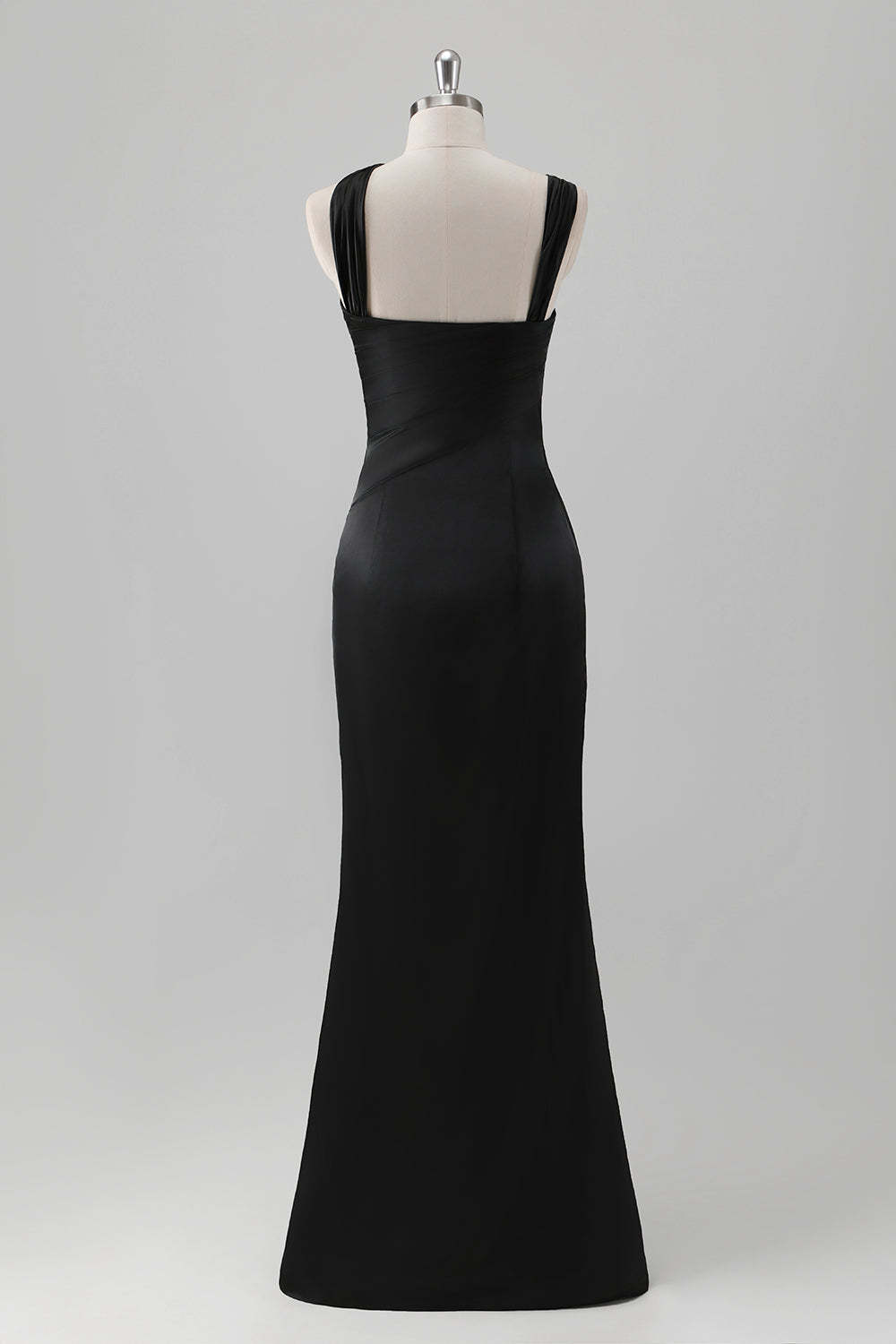 Black One Shoulder Satin Mermaid Bridesmaid Dress with Slit