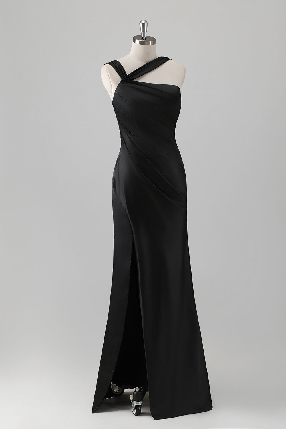 Black One Shoulder Satin Mermaid Bridesmaid Dress with Slit