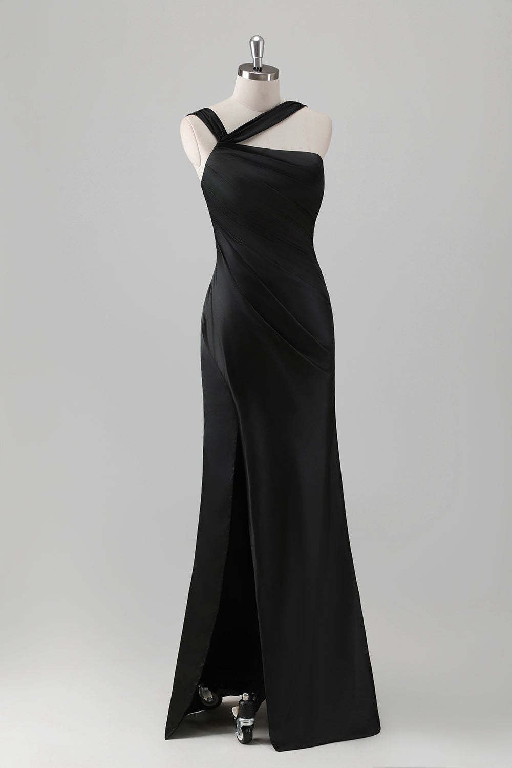Black One Shoulder Satin Mermaid Bridesmaid Dress with Slit