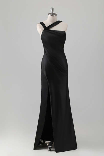 Black One Shoulder Satin Mermaid Bridesmaid Dress with Slit