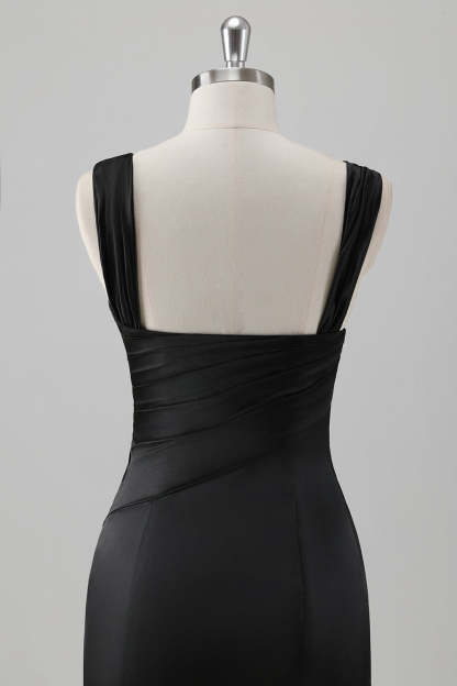 Black One Shoulder Satin Mermaid Bridesmaid Dress with Slit