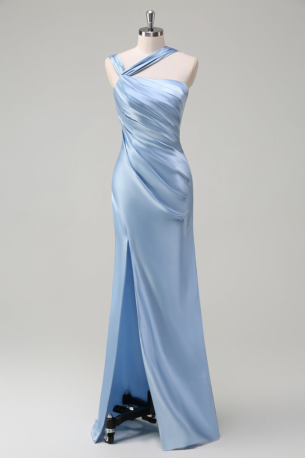 Leely Women Sky Blue Satin Mermaid Bridesamid Dress with Slit Pleated Long Wedding Guest Dress