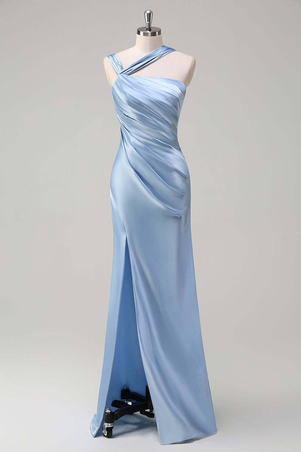 Leely Women Sky Blue Satin Mermaid Bridesamid Dress with Slit Pleated Long Wedding Guest Dress