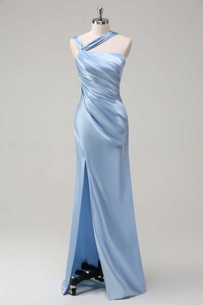 Leely Women Sky Blue Satin Mermaid Bridesamid Dress with Slit Pleated Long Wedding Guest Dress