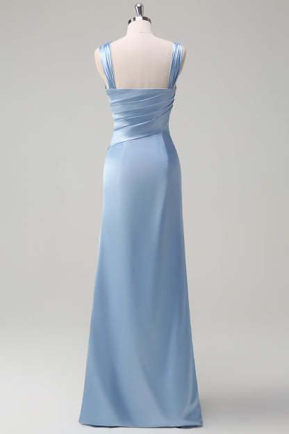Sky Blue Pleated Satin Mermaid Bridesamid Dress with Slit