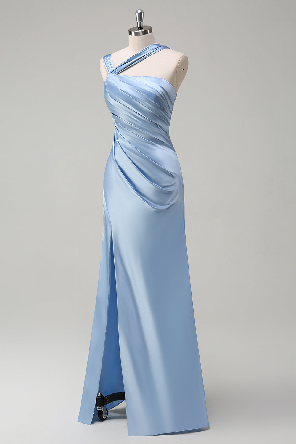 Sky Blue Pleated Satin Mermaid Bridesamid Dress with Slit