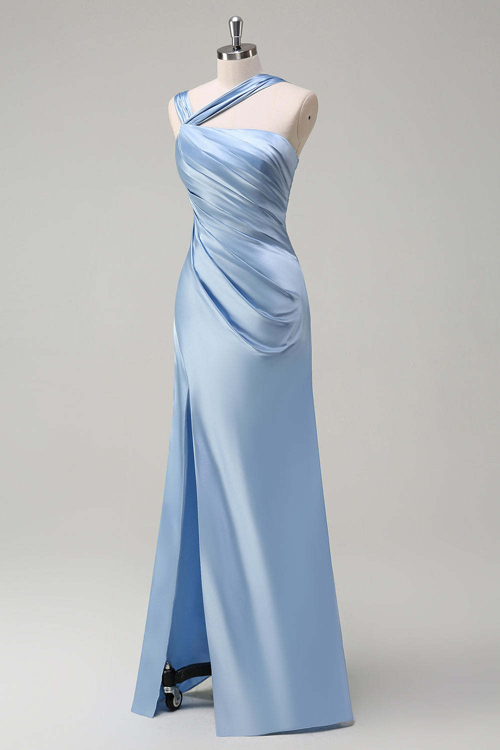 Sky Blue Pleated Satin Mermaid Bridesamid Dress with Slit