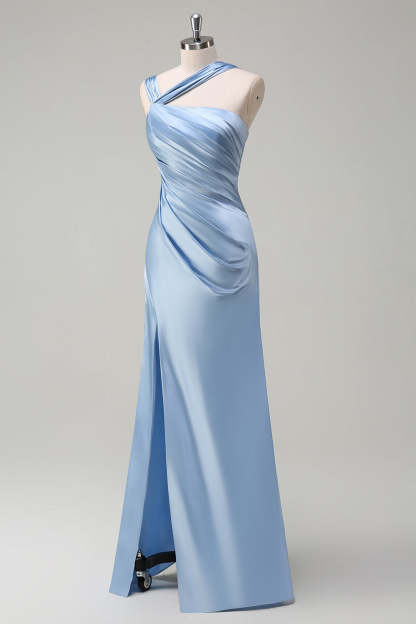 Sky Blue Pleated Satin Mermaid Bridesamid Dress with Slit
