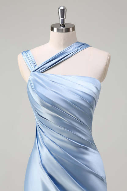 Sky Blue Pleated Satin Mermaid Bridesamid Dress with Slit