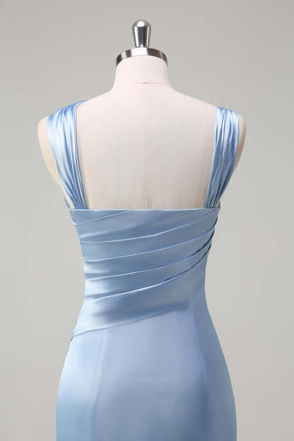 Sky Blue Pleated Satin Mermaid Bridesamid Dress with Slit