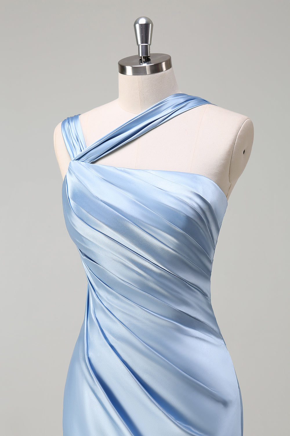 Sky Blue Pleated Satin Mermaid Bridesamid Dress with Slit