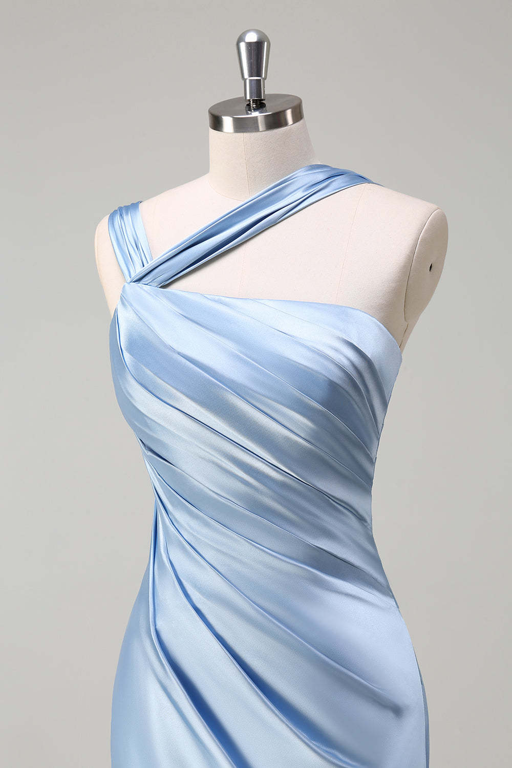 Sky Blue Pleated Satin Mermaid Bridesamid Dress with Slit