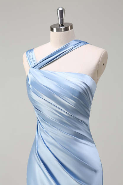 Sky Blue Pleated Satin Mermaid Bridesamid Dress with Slit