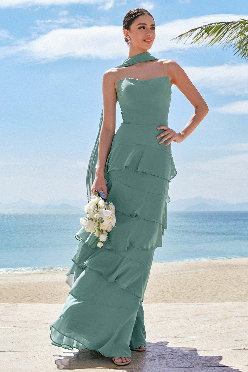 Leely Women Eucalyptus Bridesmaid Dress with Ribbon Sweetheart Ruffled Mermaid Wedding Party Dress