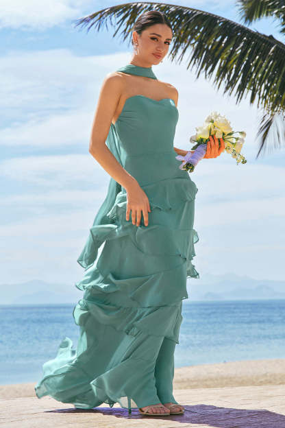 Eucalyptus Ruffled A-Line Chiffon Bridesmaid Dress with Ribbon