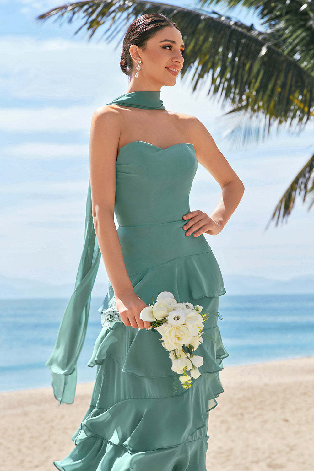 Eucalyptus Ruffled A-Line Chiffon Bridesmaid Dress with Ribbon