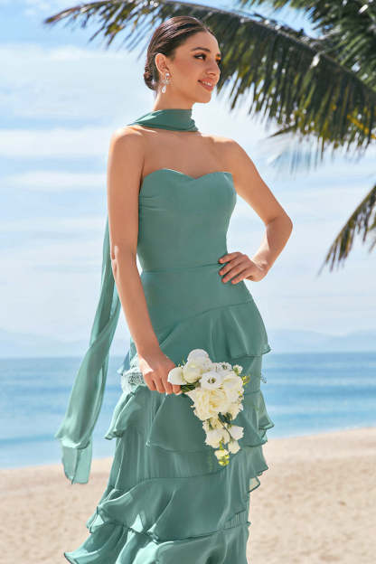 Eucalyptus Ruffled A-Line Chiffon Bridesmaid Dress with Ribbon