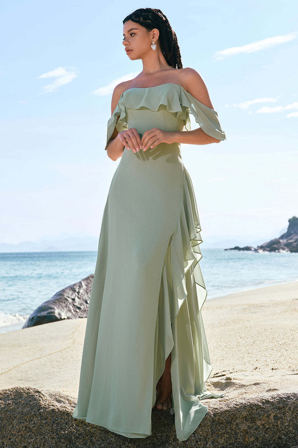 Light Green Off The Shoulder Sheath Chiffon Bridesmaid Dress with Ruffles