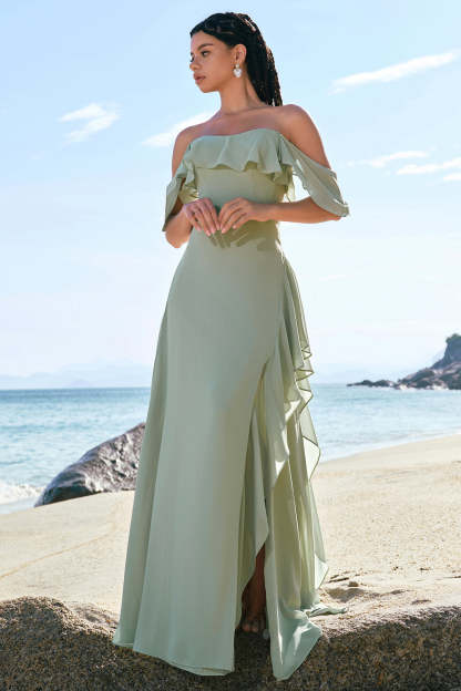 Light Green Off The Shoulder Sheath Chiffon Bridesmaid Dress with Ruffles