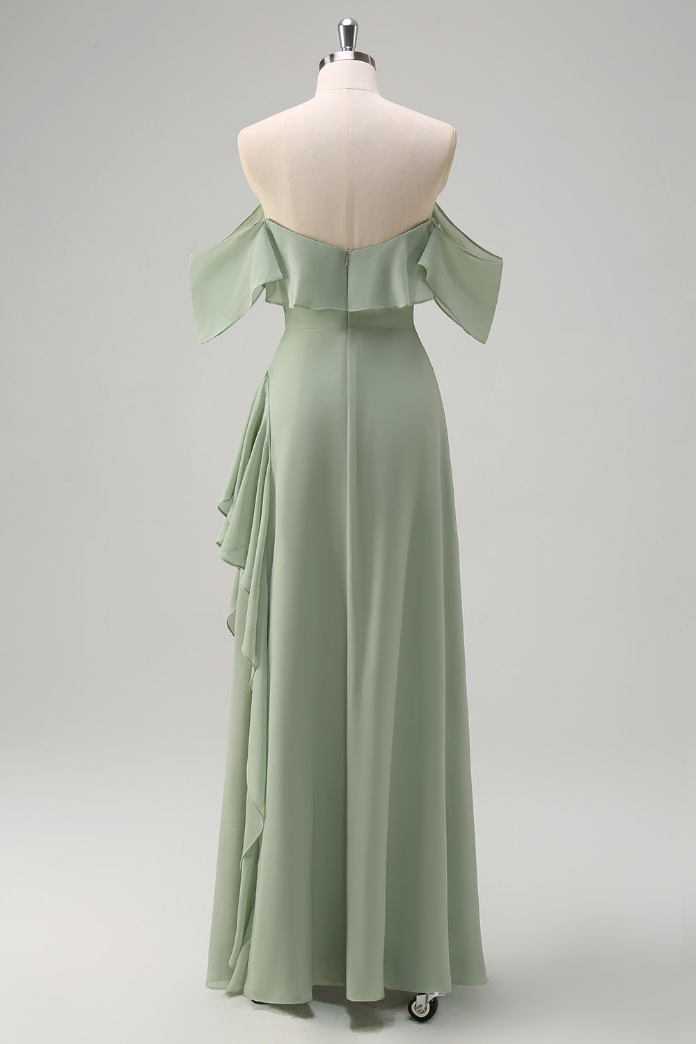 Light Green Ruffled Off The Shoulder Chiffon Bridesmaid Dress with Slit