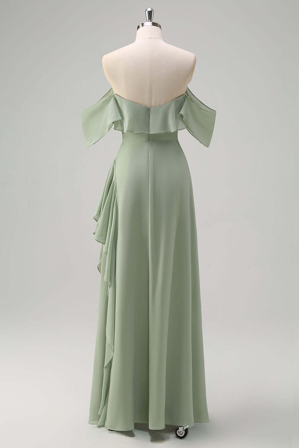 Light Green Ruffled Off The Shoulder Chiffon Bridesmaid Dress with Slit