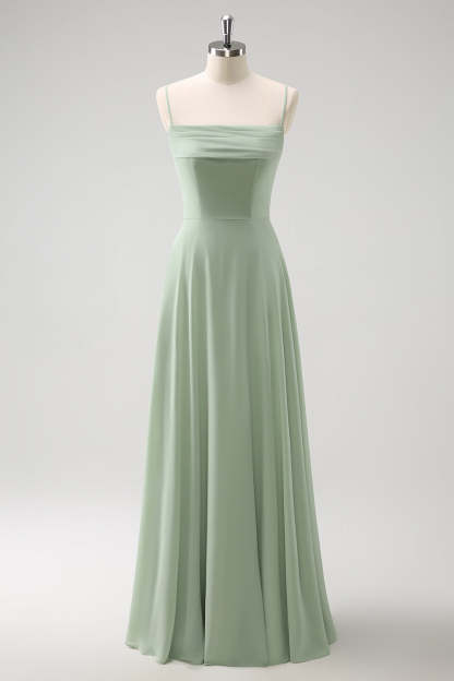 Light Green Chiffon Cold Shoulder Watteau Train Bridesmaid Dress