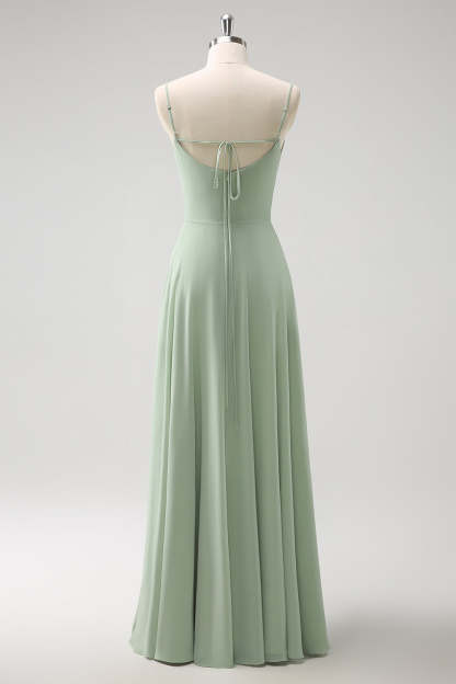 Light Green Chiffon Cold Shoulder Watteau Train Bridesmaid Dress