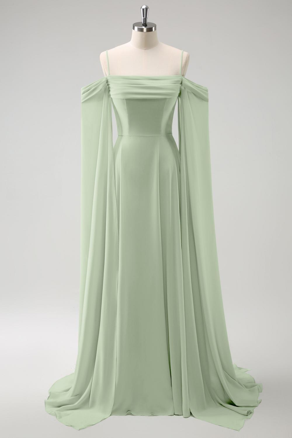 Light Green Chiffon Cold Shoulder Watteau Train Bridesmaid Dress
