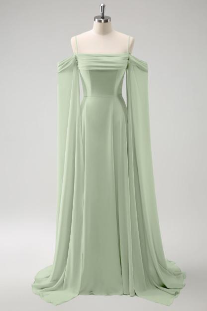 Light Green Chiffon Cold Shoulder Watteau Train Bridesmaid Dress