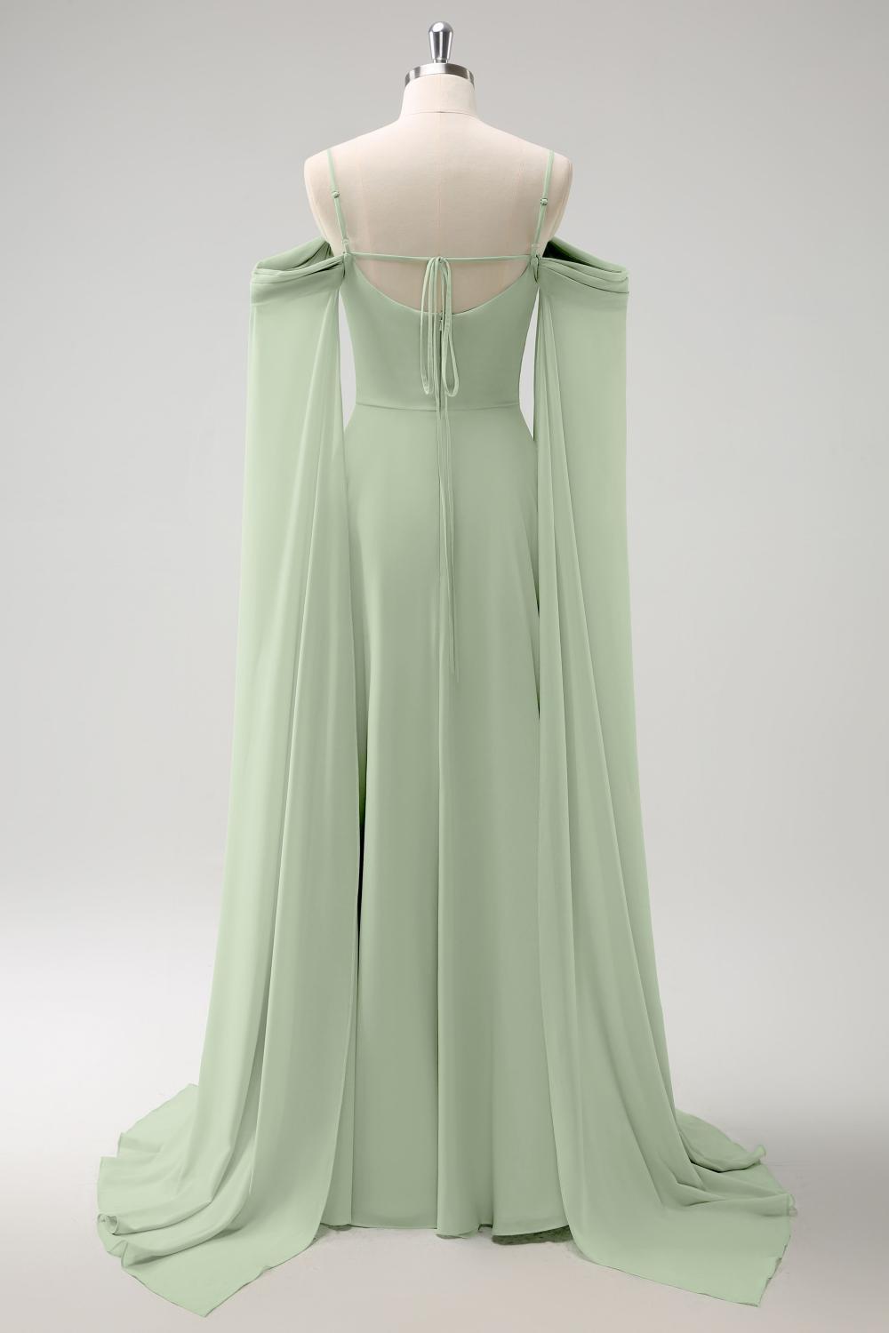 Light Green Chiffon Cold Shoulder Watteau Train Bridesmaid Dress