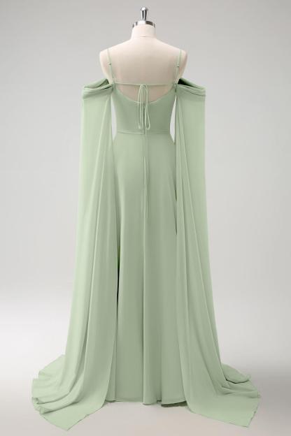 Light Green Chiffon Cold Shoulder Watteau Train Bridesmaid Dress