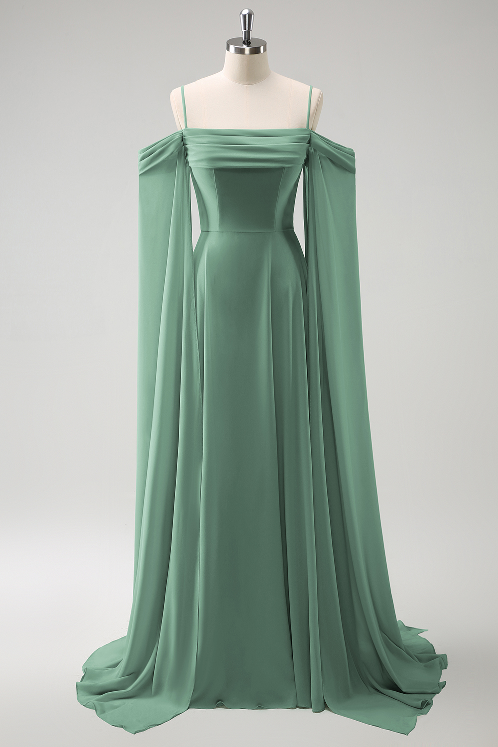 Light Green Cold Shoulder A-Line Chiffon Watteau Train Bridesmaid Dress