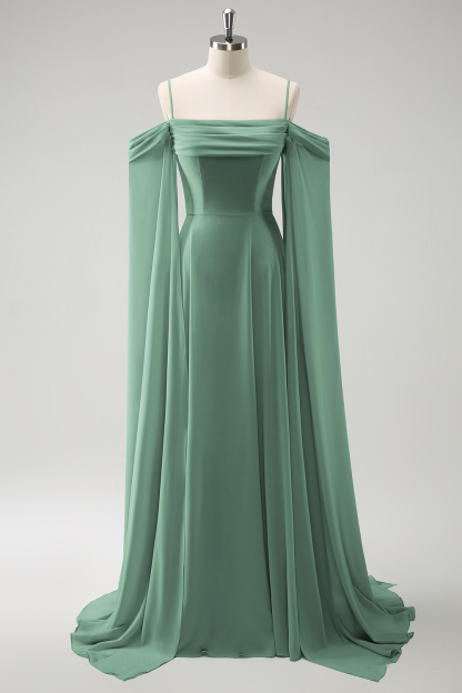 Light Green Cold Shoulder A-Line Chiffon Watteau Train Bridesmaid Dress