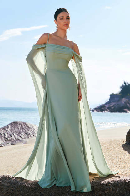Light Green Chiffon Cold Shoulder Watteau Train Bridesmaid Dress