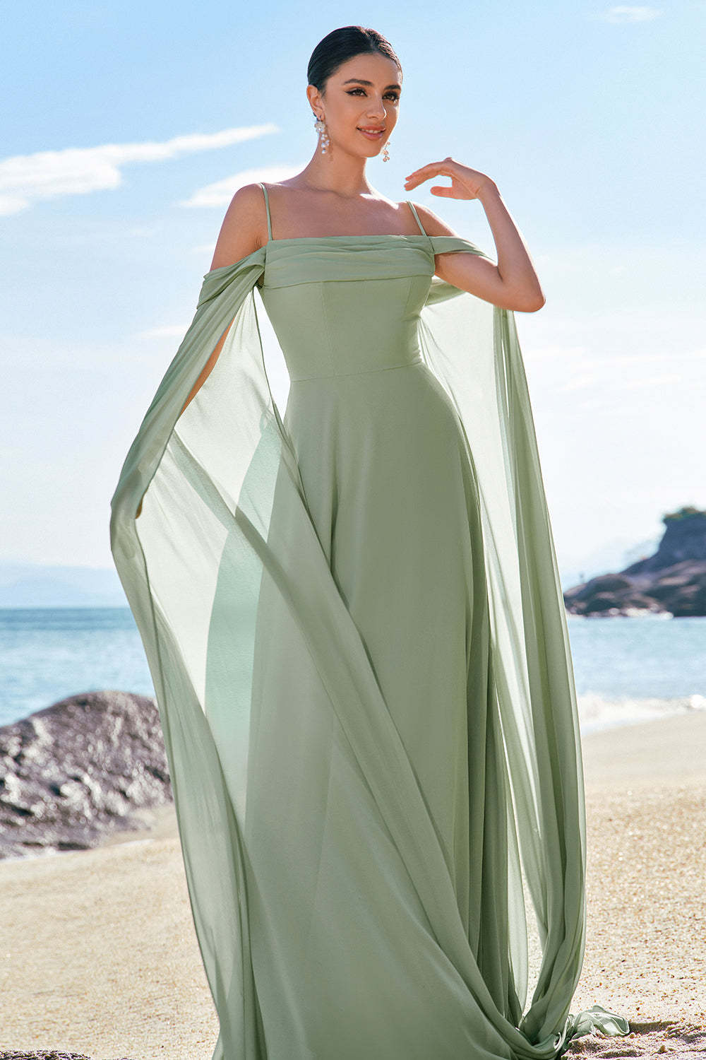 Light Green Chiffon Cold Shoulder Watteau Train Bridesmaid Dress
