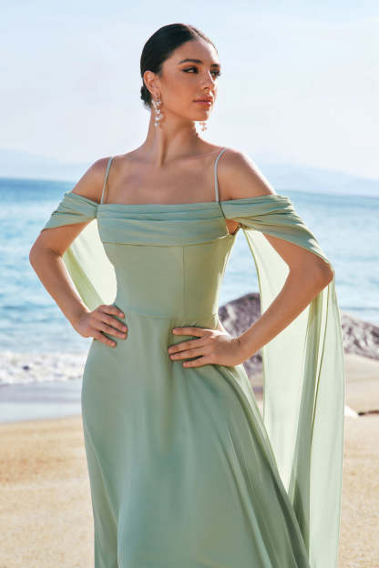Light Green Chiffon Cold Shoulder Watteau Train Bridesmaid Dress
