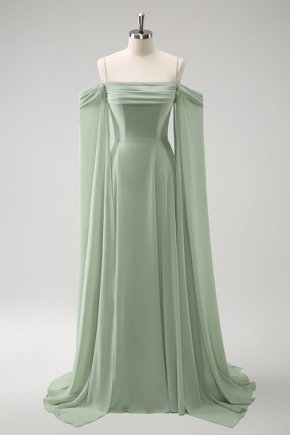 Light Green Chiffon Cold Shoulder Watteau Train Bridesmaid Dress
