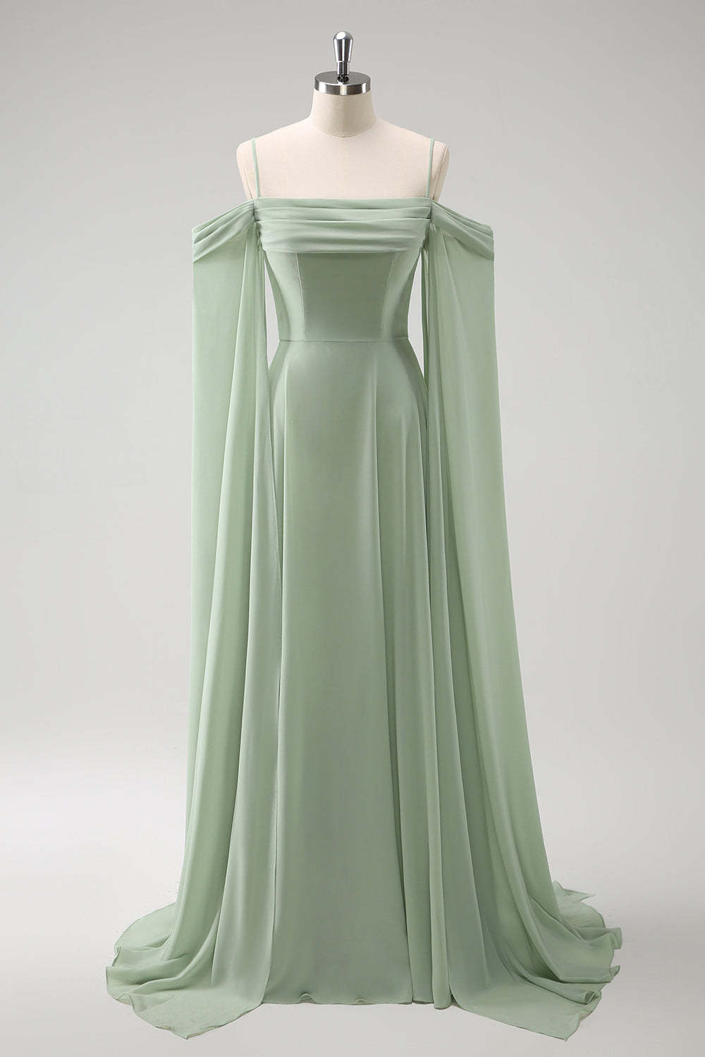 Light Green Chiffon Cold Shoulder Watteau Train Bridesmaid Dress