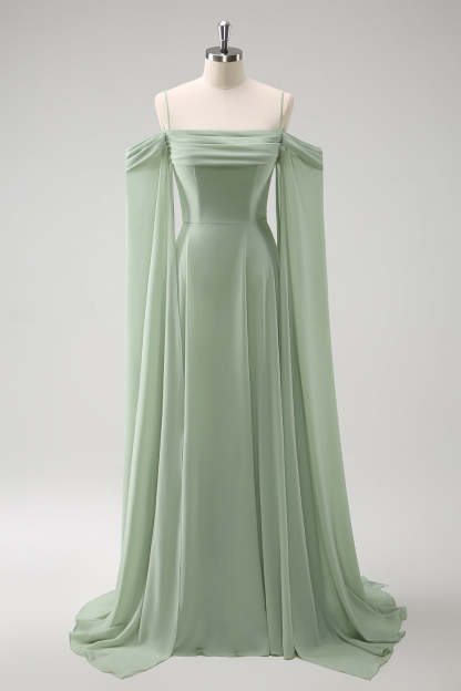 Light Green Chiffon Cold Shoulder Watteau Train Bridesmaid Dress