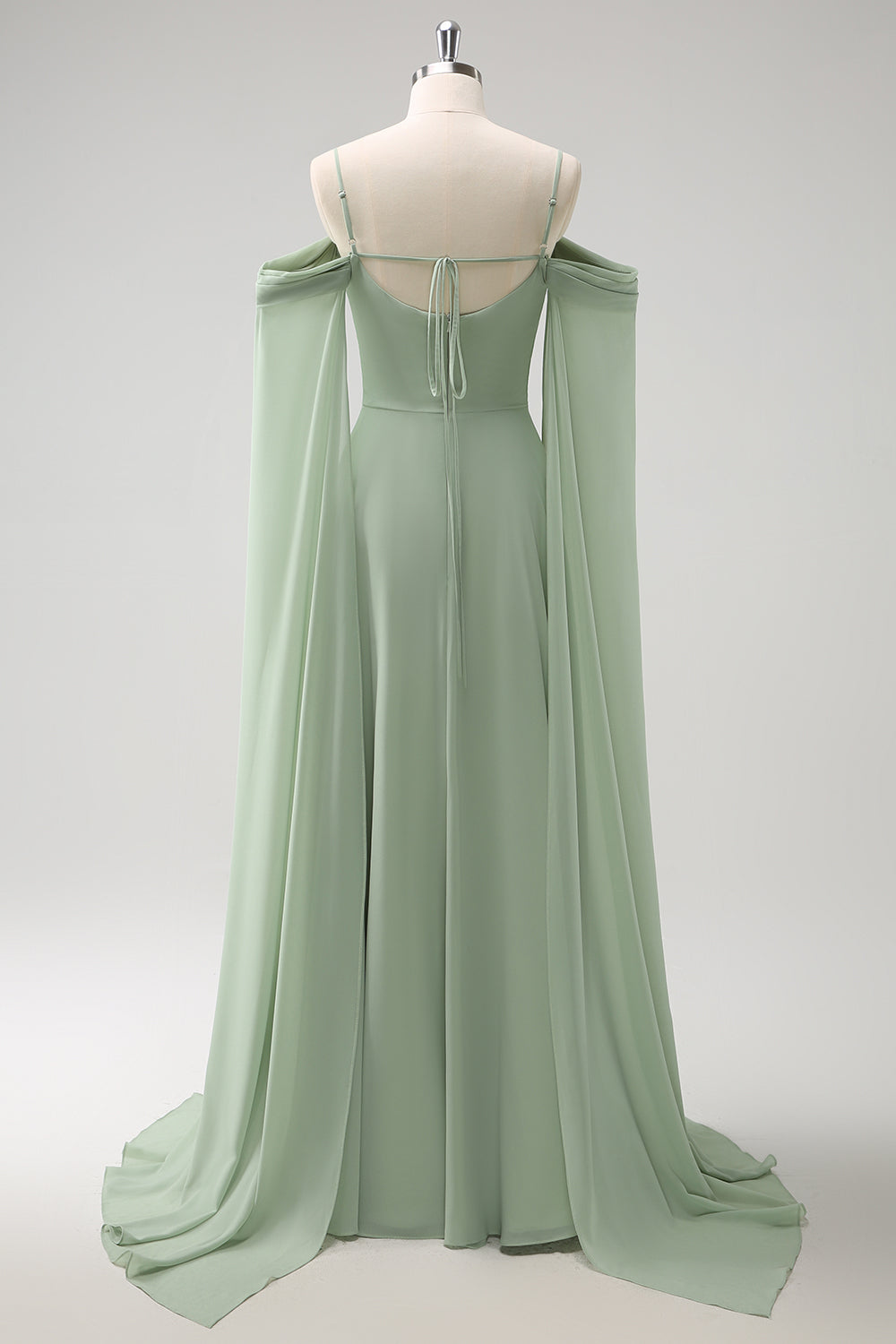 Light Green Chiffon Cold Shoulder Watteau Train Bridesmaid Dress