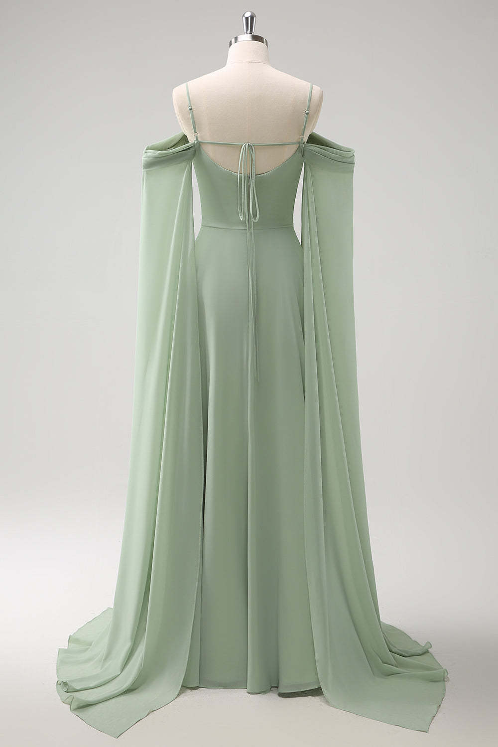 Light Green Chiffon Cold Shoulder Watteau Train Bridesmaid Dress