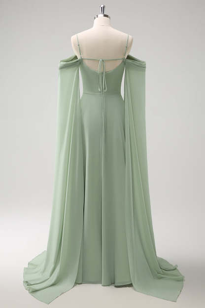 Light Green Chiffon Cold Shoulder Watteau Train Bridesmaid Dress