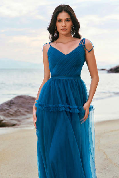Dark Blue Spaghetti Straps Pleated A-Line Tulle Bridesmaid Dress