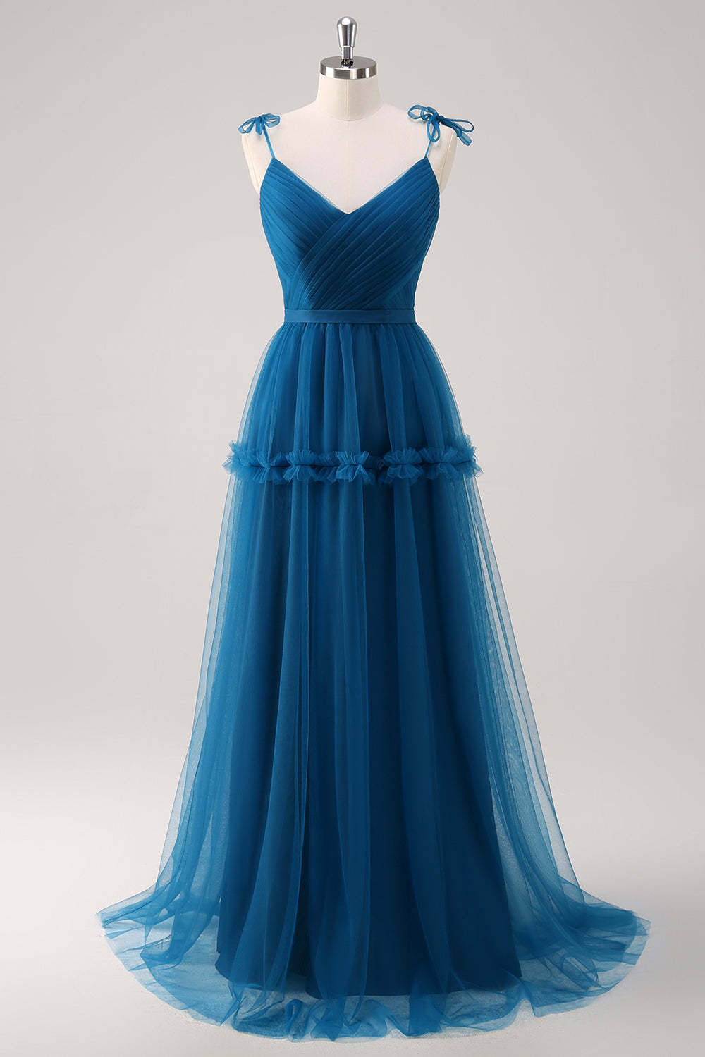 Leely Women Dark Blue Spaghetti Straps Bridesmaid Dress A-Line Tulle Long Wedding Party Dress