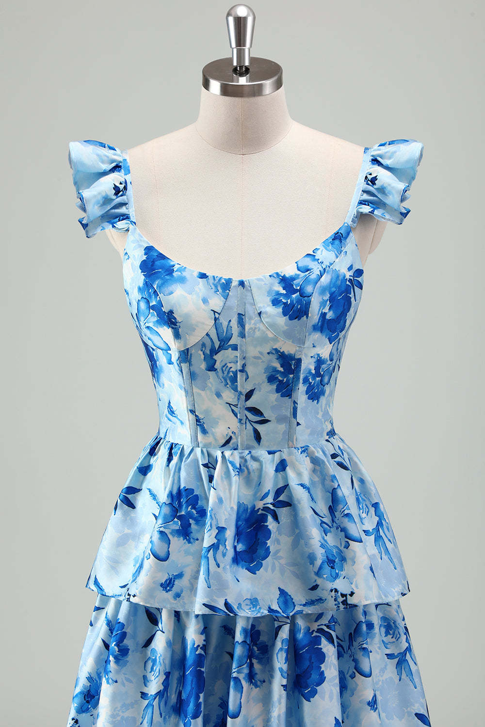 Blue Floral Tiered A-Line Chiffon Bridesmaid Dress