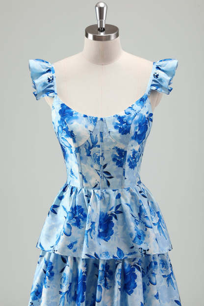 Blue Floral Tiered A-Line Chiffon Bridesmaid Dress