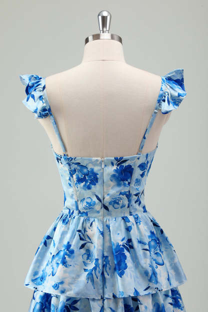 Blue Floral Tiered A-Line Chiffon Bridesmaid Dress