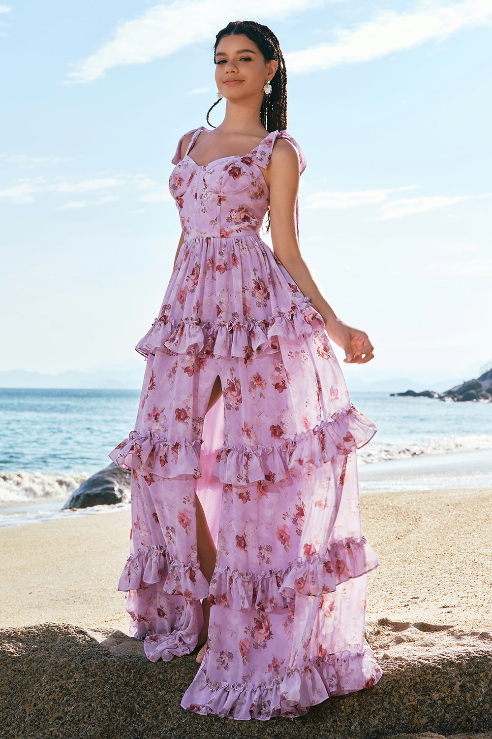 Grey Purple Corset Ruffled A-Line Floral Bridesmaid Dress with Slit